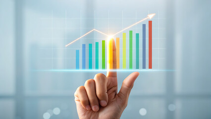 Interactive Data Analytics – Hand Touching Colorful Bar Chart and Growth Line Graph in Tech Environment
