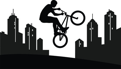 Fototapeta premium Silhouette B M X rider performing trick against city skyline, bmx, bicycle, rider, silhouette, trick, jump, city, skyline, urban, extreme sport, action, movement, dynamic, graphic, black and white, mo