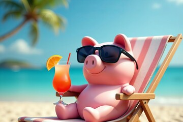 Pink Piggy Bank Relaxing on a Beach Chair with Sunglasses and a Tropical Drink