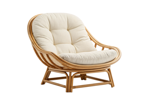 Curved rattan chair with cream tufted cushion and natural wooden frame, isolated on a transparent background - Powered by Adobe
