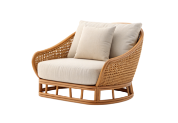 Wide rattan basket chair with cream pillows and curved bamboo design, isolated on a transparent background