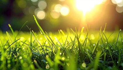A macro shot of vibrant green grass blades covered in dew drops, illuminated by a bright, golden sun with a blurred background.