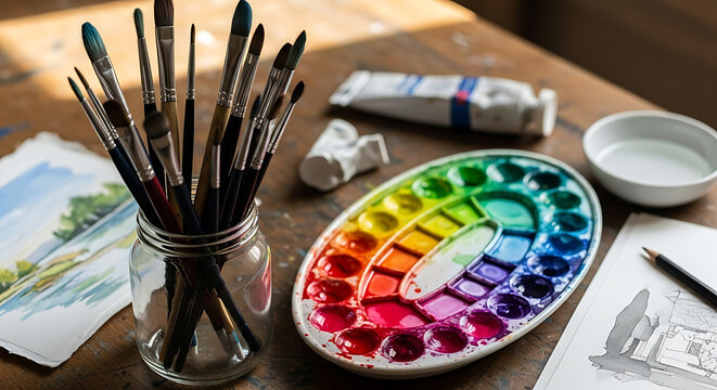 Ultra realistic set of paintbrushes in glass jar beside watercolor palette on artist desk