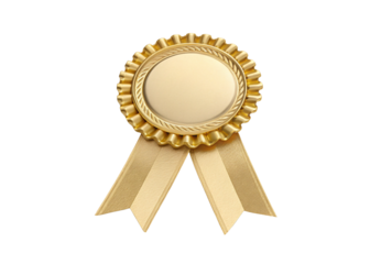 Gold award ribbon with pleated edge and streamers, isolated on a transparent background