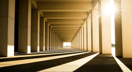 Fototapeta premium Endless colonnade with strong geometric lines and dramatic shadows cast by the sun, creating a sense of depth and perspective in an architectural passage