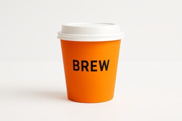 Orange takeaway coffee cup with white lid and brew label on clean minimal background.
