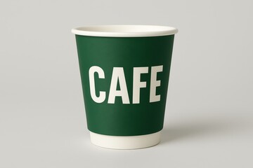 Green paper coffee cup with bold cafe label on clean neutral background, minimal packaging mockup.