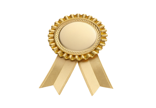 Gold award ribbon with pleated edge and streamers, isolated on a transparent background