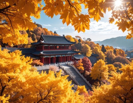 Autumn Serenity: Traditional Japanese Temple Surrounded by Vibrant Fall Foliage - Scenic Landscape Photography - Powered by Adobe