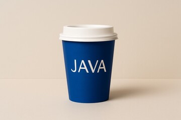 Blue paper coffee cup with white lid and text java on beige background, minimal takeaway drink container mockup for branding design.