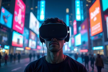 Man immersed in virtual reality amidst a pulsating cityscape of neon lights and digital screens.