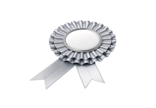 Silver rosette with oval center and ribbon tails, isolated on a transparent background
