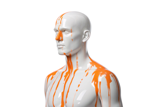 White mannequin bust with orange paint dripping down, isolated on a transparent background