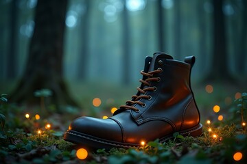 Enchanted Forest: Abandoned Shoe Surrounded by Glowing Fireflies
