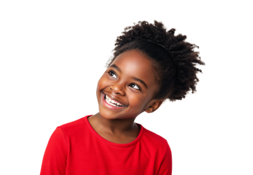 Young girl in red shirt tilting head smiling, isolated on a transparent background