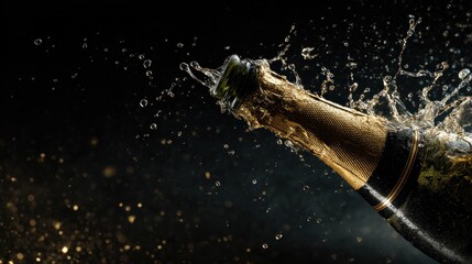 A champagne bottle erupts, releasing a spray of bubbly liquid and droplets against a dark background, capturing a moment of celebration.