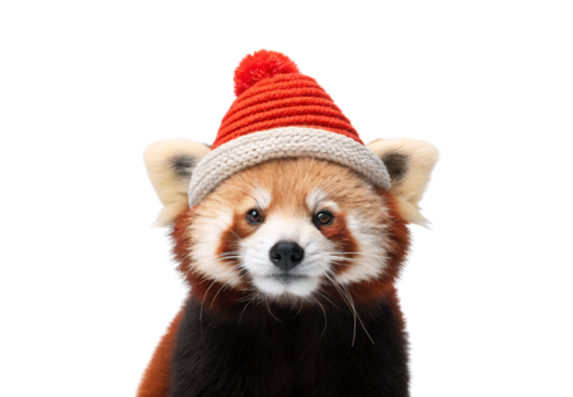 Red panda wearing red and gray knit beanie hat, isolated on a transparent background