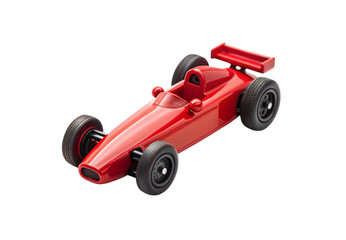 Vintage red Formula One racing car toy with rear spoiler, isolated on a transparent background