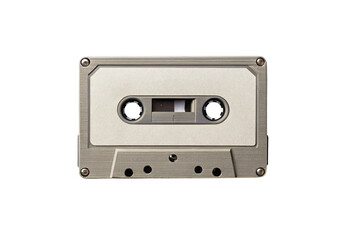 Obraz premium Silver gray blank cassette tape with transparent window showing mechanism, isolated on a transparent background