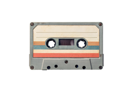 Retro cassette tape with cream orange blue coral striped label, isolated on a transparent background