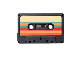 A vintage cassette tape with colorful retro stripes on black case, isolated on a transparent background