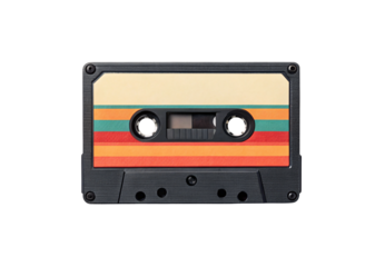 A vintage cassette tape with colorful retro stripes on black case, isolated on a transparent background