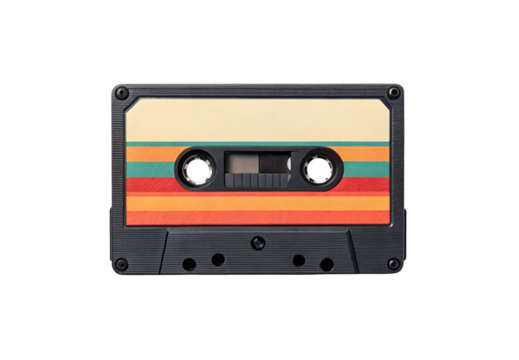 A vintage cassette tape with colorful retro stripes on black case, isolated on a transparent background