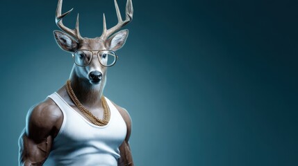 Muscular deer character with glasses and gold chain showcasing a unique blend of nature and style in a striking pose