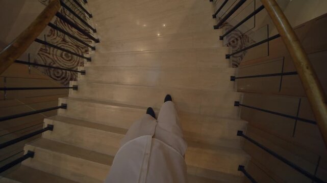 quiet evening descent, slow hotel stairs at dusk, gentle descent on hotel staircase at sunset