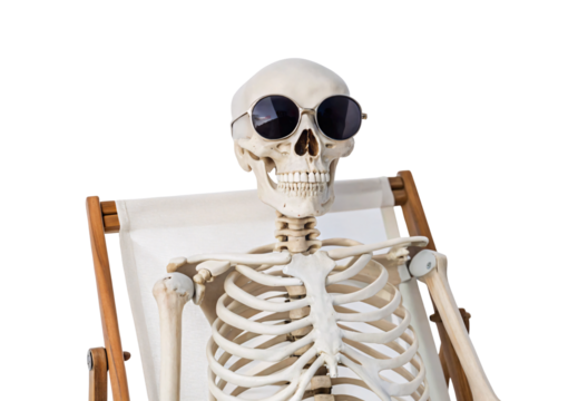 Skeleton wearing sunglasses relaxing on white beach chair in vacation pose, isolated on a transparent background