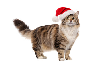 Long-haired tabby cat standing sideways wearing festive red Santa hat, isolated on a transparent background