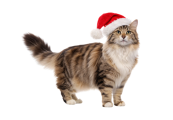 Long-haired tabby cat standing sideways wearing festive red Santa hat, isolated on a transparent background