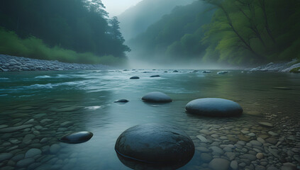 Smooth Round Stones in Clear Calm River Water