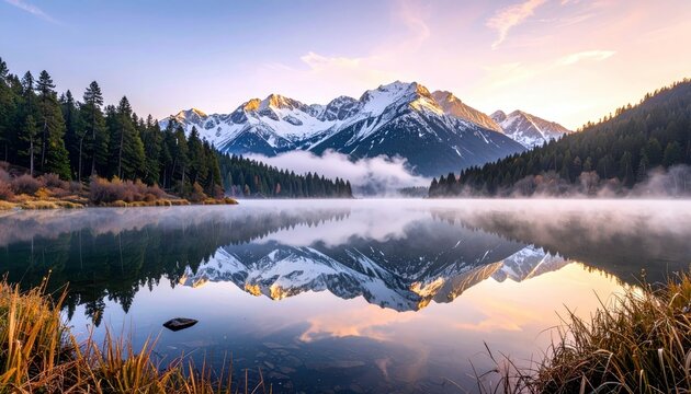 A tranquil mountain lake reflects snow-capped peaks and evergreen trees at sunrise, with mist rising from the water.
