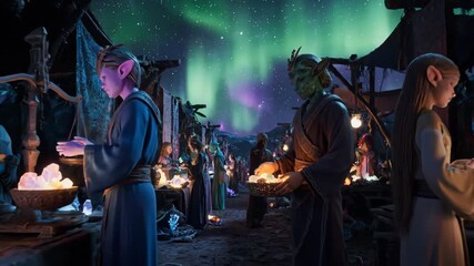 Elven traders browsing mystical night market under aurora lights. Fantasy bazaar with glowing crystals and lanterns. Magical commerce animation footage. - Powered by Adobe