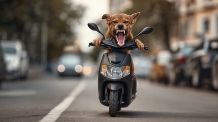 Dog riding a scooter with an open mouth on a city street in the afternoon sun