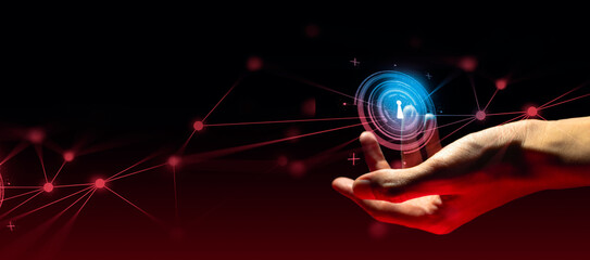 hand of businessman interactive touching a holographic anti-virus security shield system network and technology, success of innovation