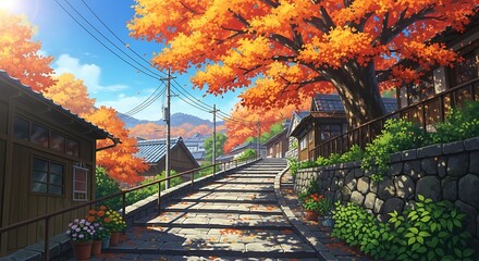 Vibrant anime illustration of an autumn village street with traditional Japanese houses, stone steps, and glowing orange maple trees under a bright blue sky.