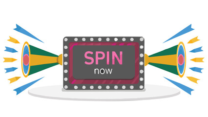 Stylized game menu screen with a prominent spin now button and vibrant color accents perfect for casino or arcade applications