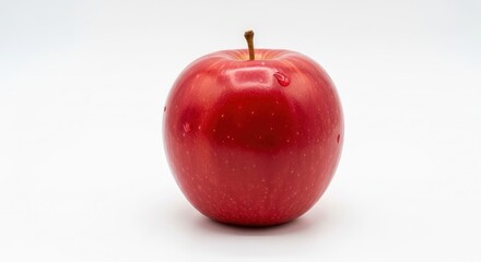 A single vibrant red apple with a short brown stem and small water droplets, isolated on a clean white background, showcasing its fresh and glossy skin.