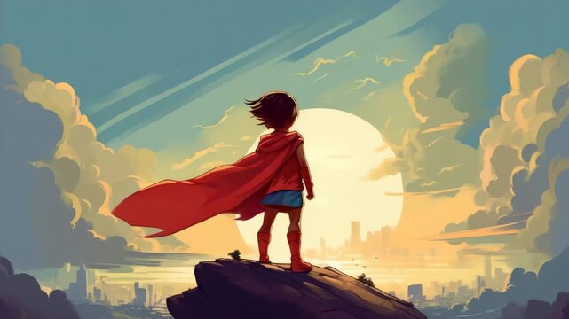 hero child with cape on a cliff look in colorful sky illustrated animation