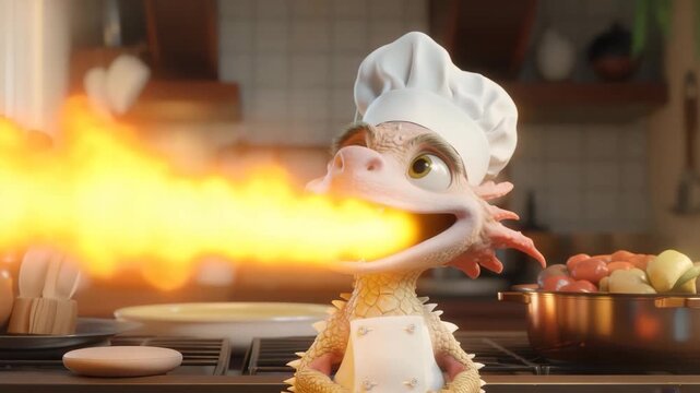 Fantasy Dragon Chef Spitting Fire on Stove