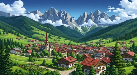 Fototapeta premium Beautiful anime landscape of a charming alpine village, featuring a red-spired church amidst green hills and towering mountains.