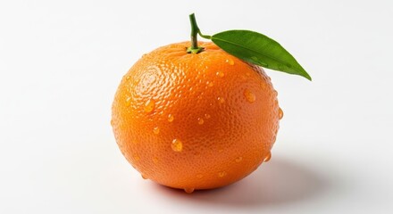 Freshly washed orange with a vibrant green leaf and glistening water droplets on a clean white background.