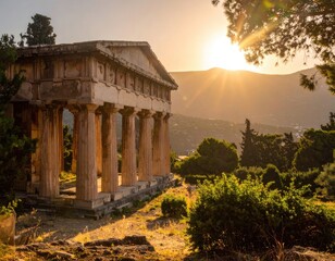 Obraz premium Ancient Greek Temple at Sunset: Majestic Ruins, Golden Hour Light, Historical Architecture, Travel Photography, Greece Landscape
