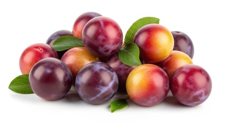 A vibrant pile of fresh, ripe plums with green leaves on a white background, ready to eat.