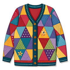 A vibrant patchwork cardigan design featuring bold colors