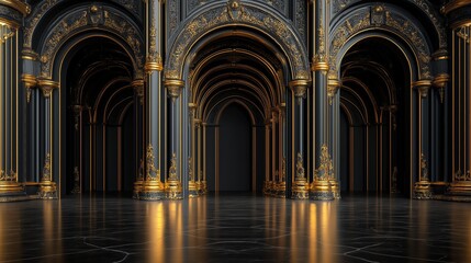 Obraz premium Elegant black palace hall with golden details and marble flooring