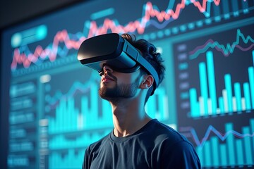Man immersed in virtual reality environment with financial business analytics data in floating graphs and charts