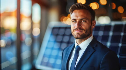 A young man, a solar panel sales manager, stands in his store wearing a suit